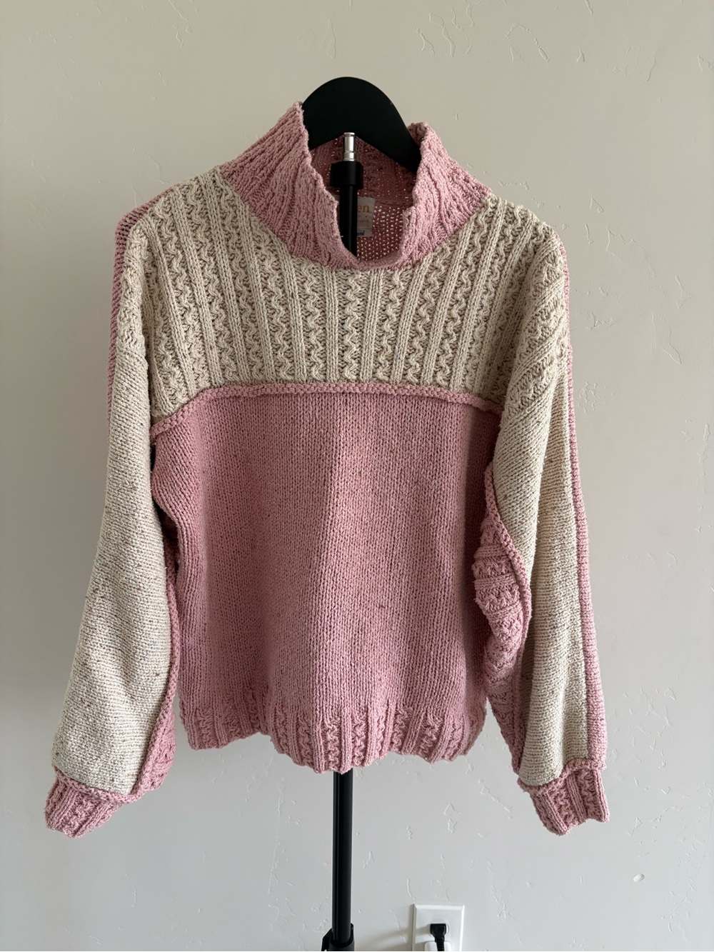 Vintage Jantzen Hand Knit 75% Silk Pink Cream Cable Sweater L